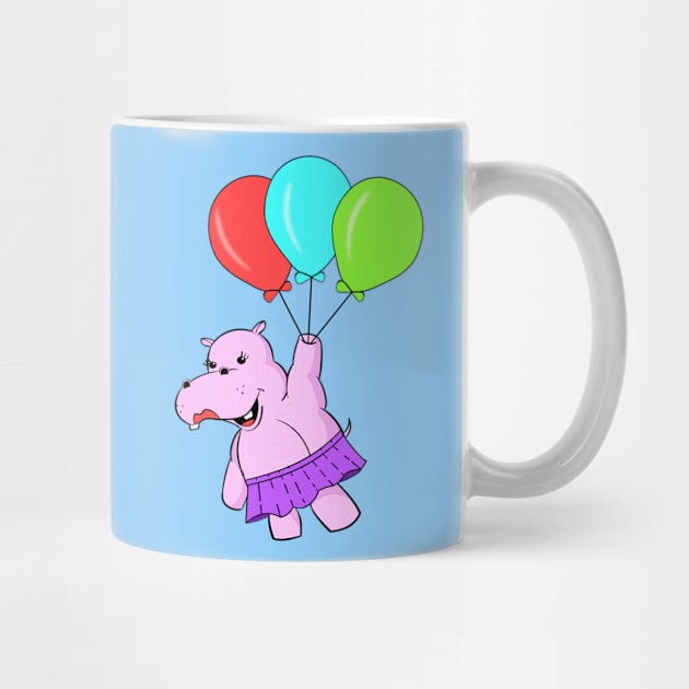 Cute Cartoon Hippo Flying With Balloons by Braznyc